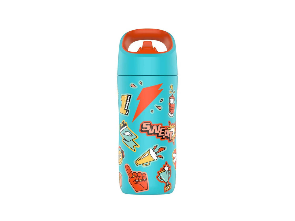 Kids 12oz teal metal water bottle with orange flip straw cap and sticker graphic
