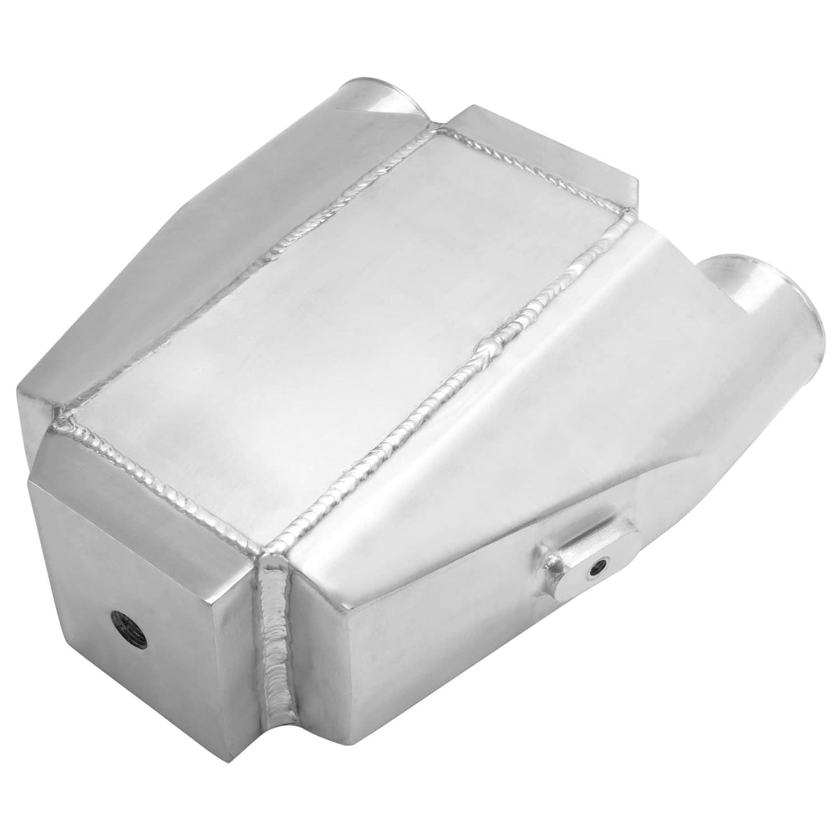 Universal air-to-water intercooler angled top view with welded seams and side outlet tube