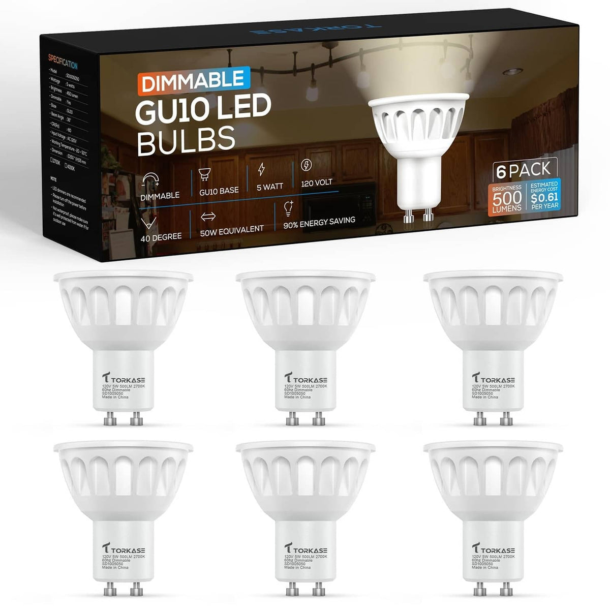 Dimmable GU10 LED bulbs, warm white 2700K, 6-pack box with six white bulbs