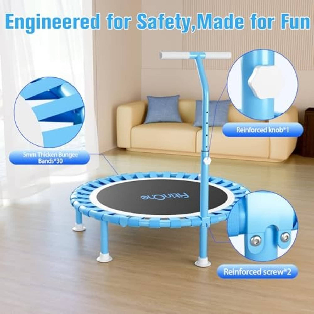 Portable mini trampoline with reinforced handle joint and black jumping mat