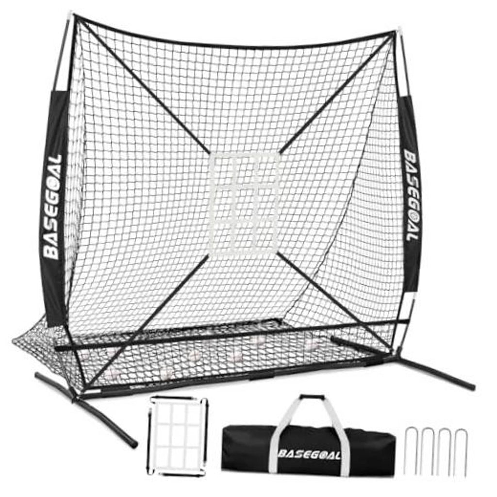Black baseball backstop practice net with white mesh and ground stakes, 6x6 ft size