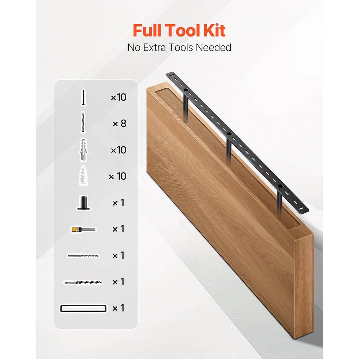 Floating shelf bracket with included screws, drill bits, and installation tool kit