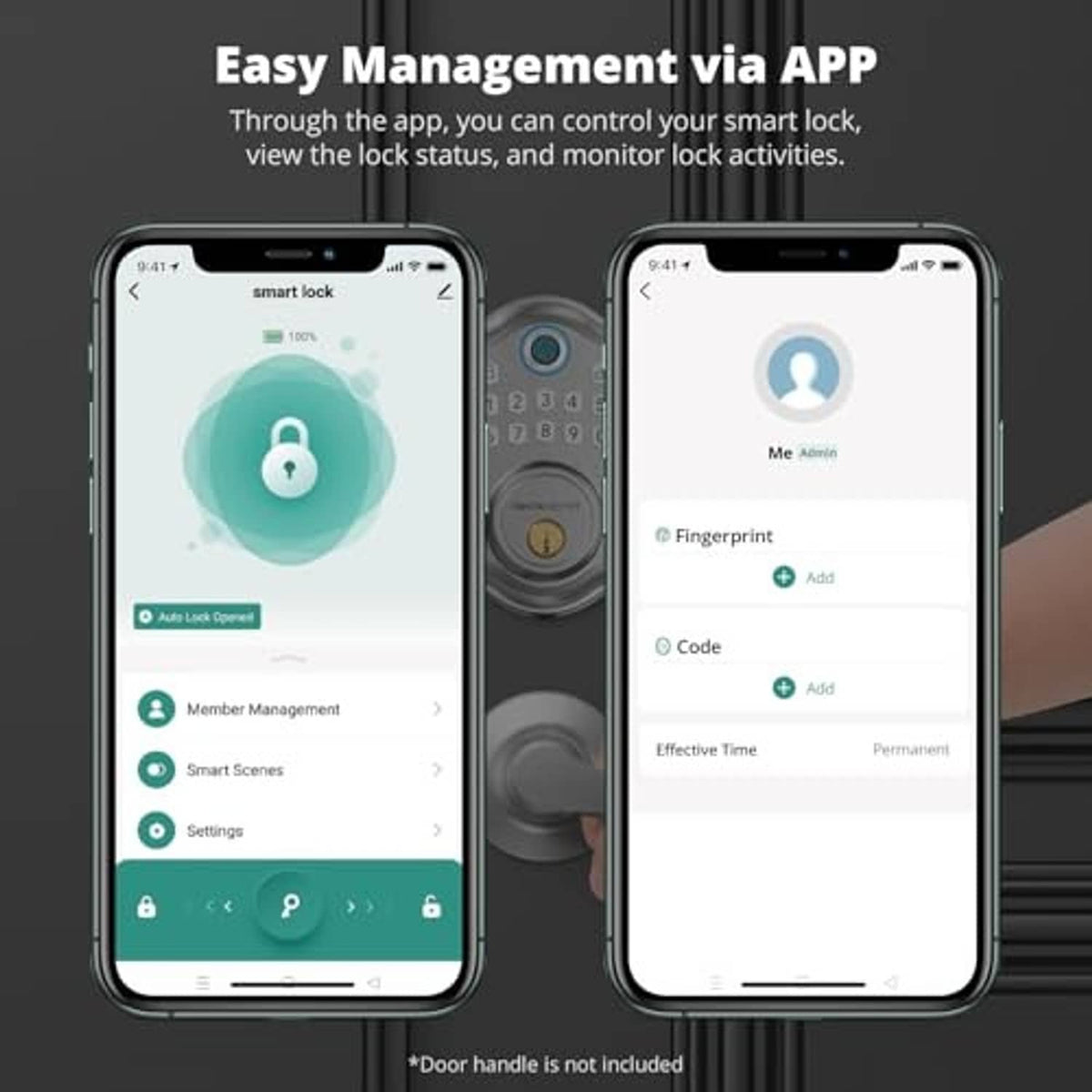 Smart lock app screens with door lock keypad and security access status