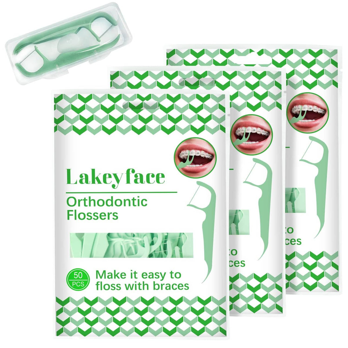 Orthodontic flosser packaging set with green toothpick-style flossers
