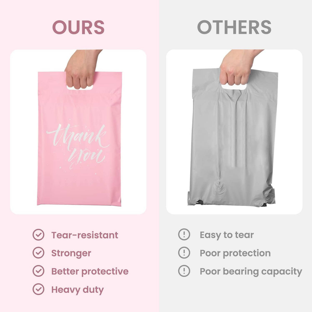 Pink poly mailer compared with gray bag; “Thank you” print on front