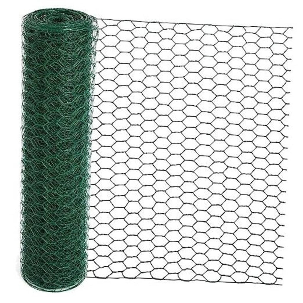 Green chicken wire mesh roll with hexagonal pattern, tightly wound for floral arranging