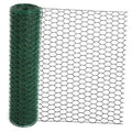 Green chicken wire mesh roll with hexagonal pattern, tightly wound for floral arranging