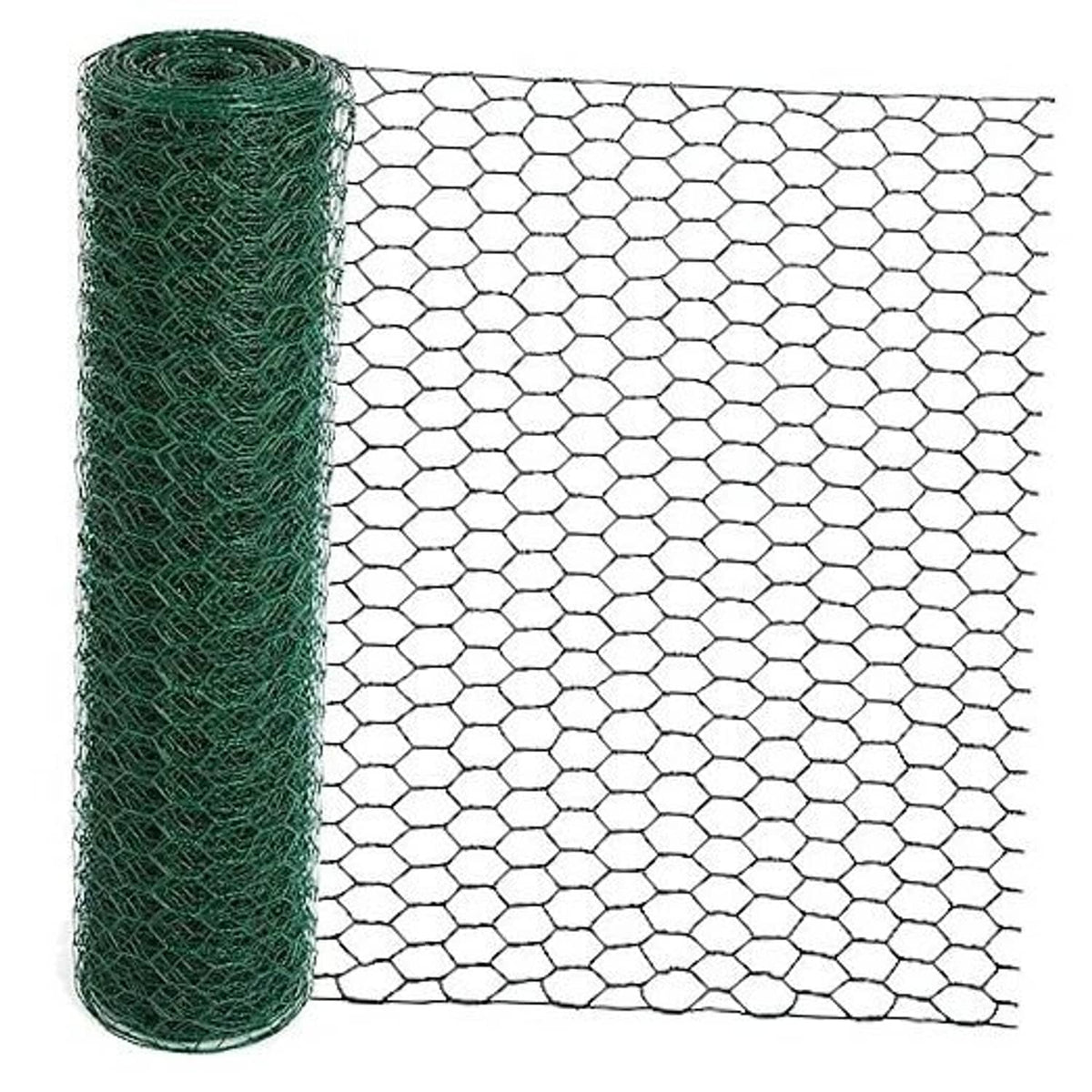 Green chicken wire mesh roll with hexagonal pattern, tightly wound for floral arranging