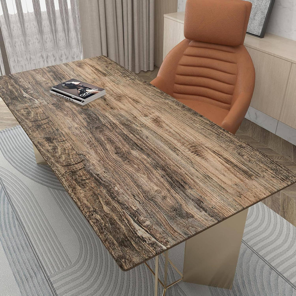 Brown wood-grain wallpaper paneling along room wall with vertical plank texture behind seating