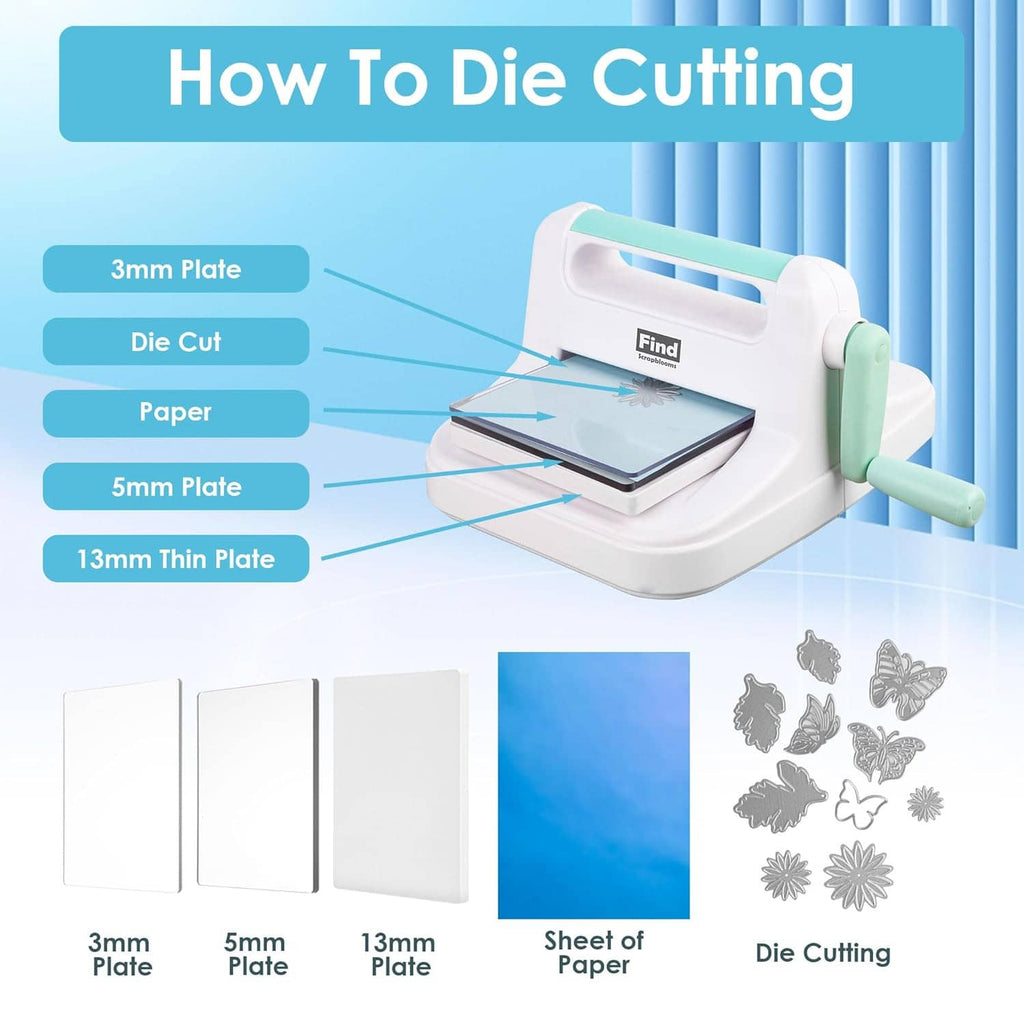 Manual die cutting machine with layered plate sizes and die-cut cards shown