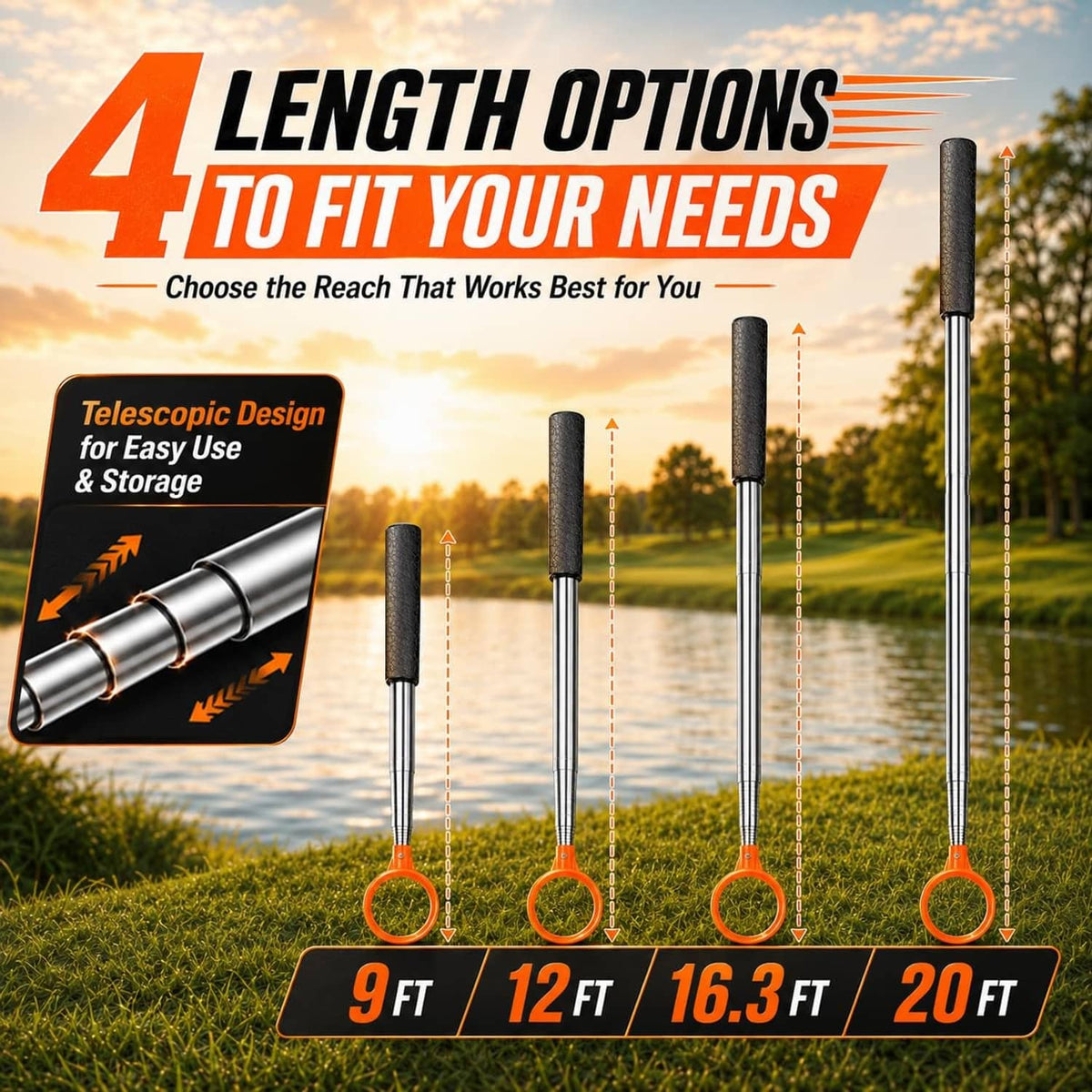 Telescopic golf ball retriever showing multiple reach lengths with orange scoop head