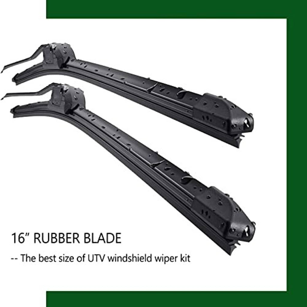 Two black rubber UTV windshield wiper blades with mounting brackets