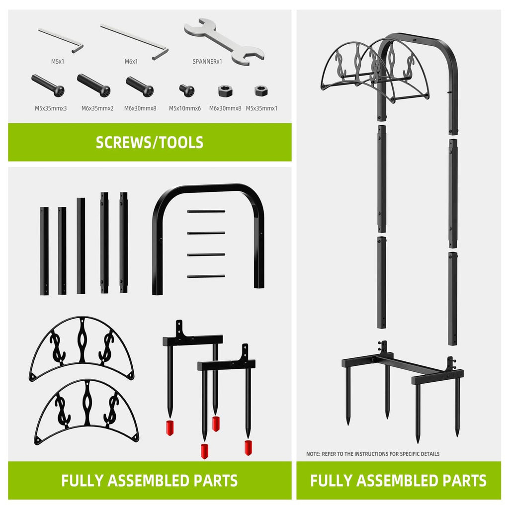 Garden hose holder stand with black frame parts and four-loop hose rack, fully assembled