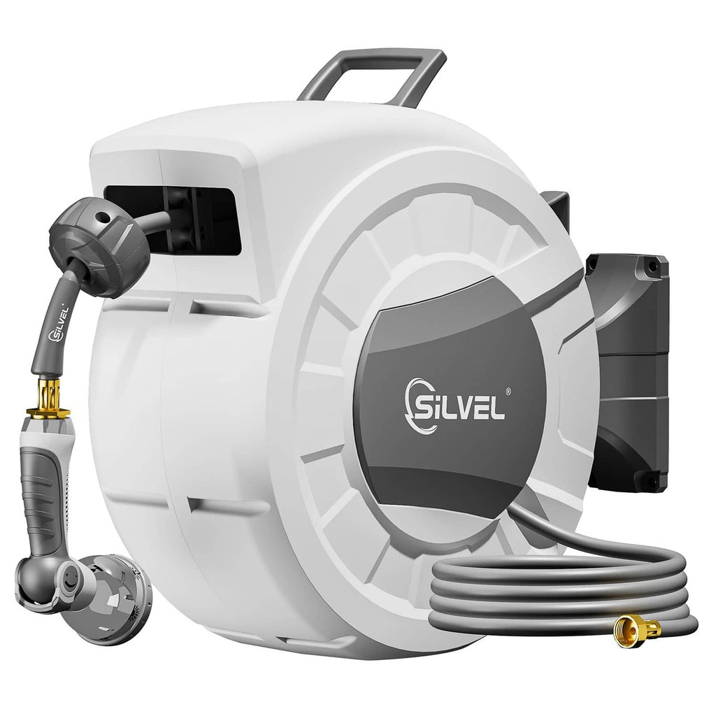 Light grey wall-mounted retractable hose reel with hose and nozzle