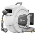 Light grey wall-mounted retractable hose reel with hose and nozzle