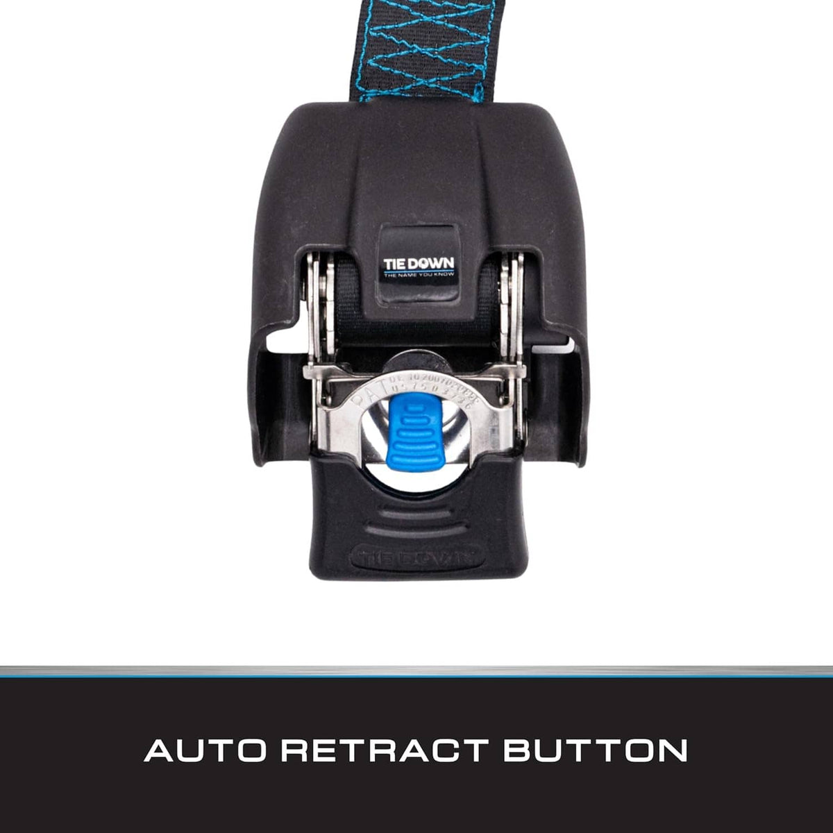 Close-up retractable transom strap latch with auto retract button, S-hook, and blue release