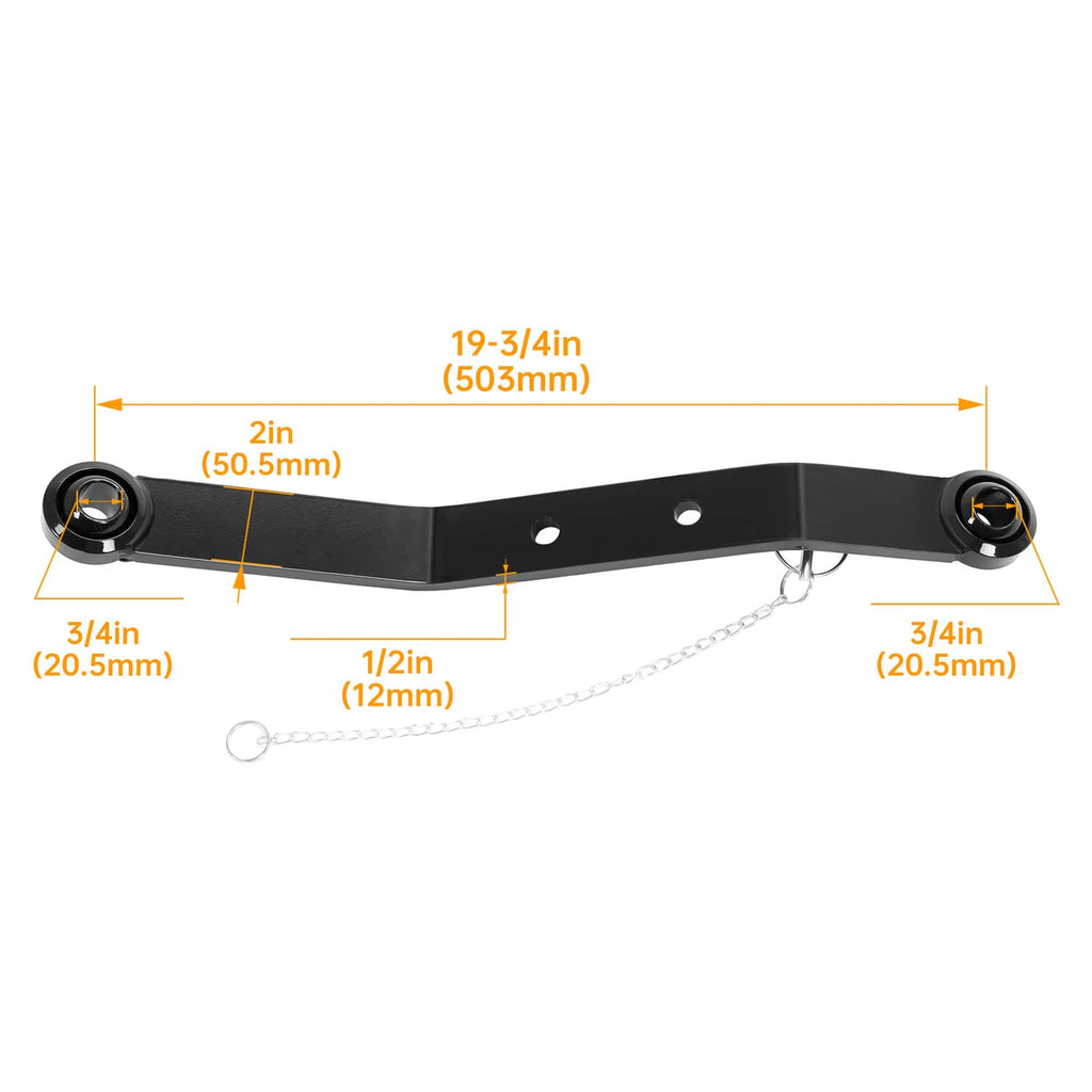 Black 3-point hitch lift arm with side holes, curved ends, and safety chain