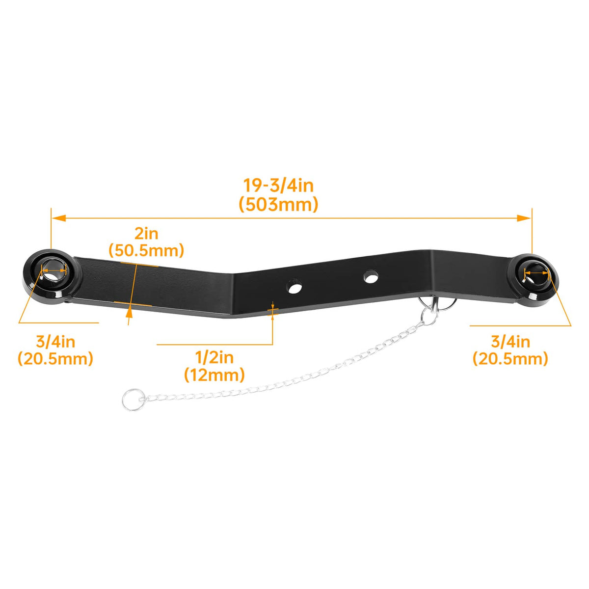 Black 3-point hitch lift arm with side holes, curved ends, and safety chain