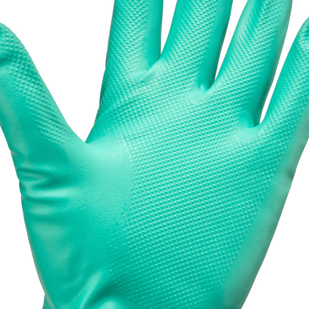Teal nitrile rubber cleaning glove with textured palm pattern and raised grip dots