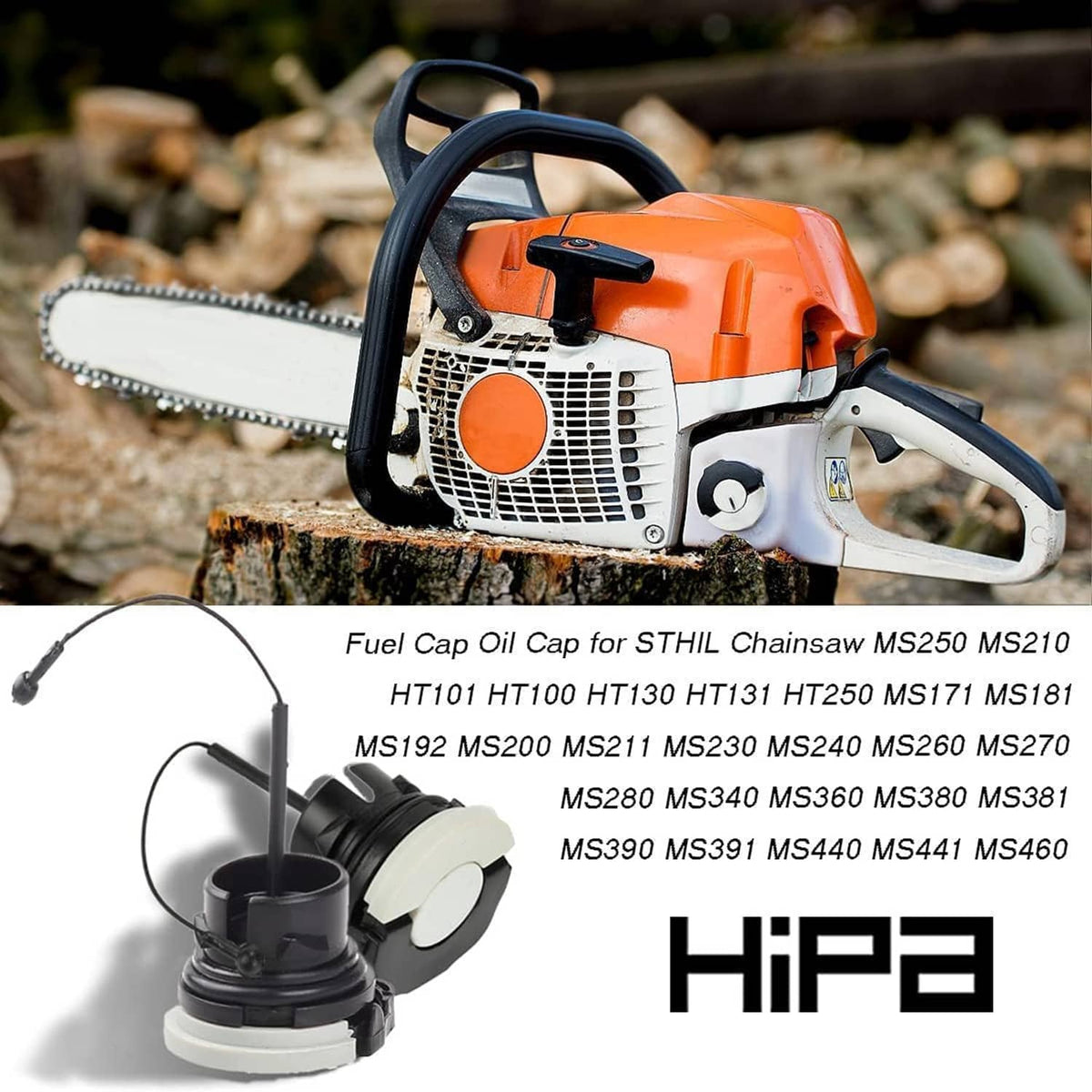 Chainsaw fuel and oil caps with white buttons and black housings, with pull cords attached