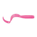 Pink soft fishing bait with curved tail and ribbed body