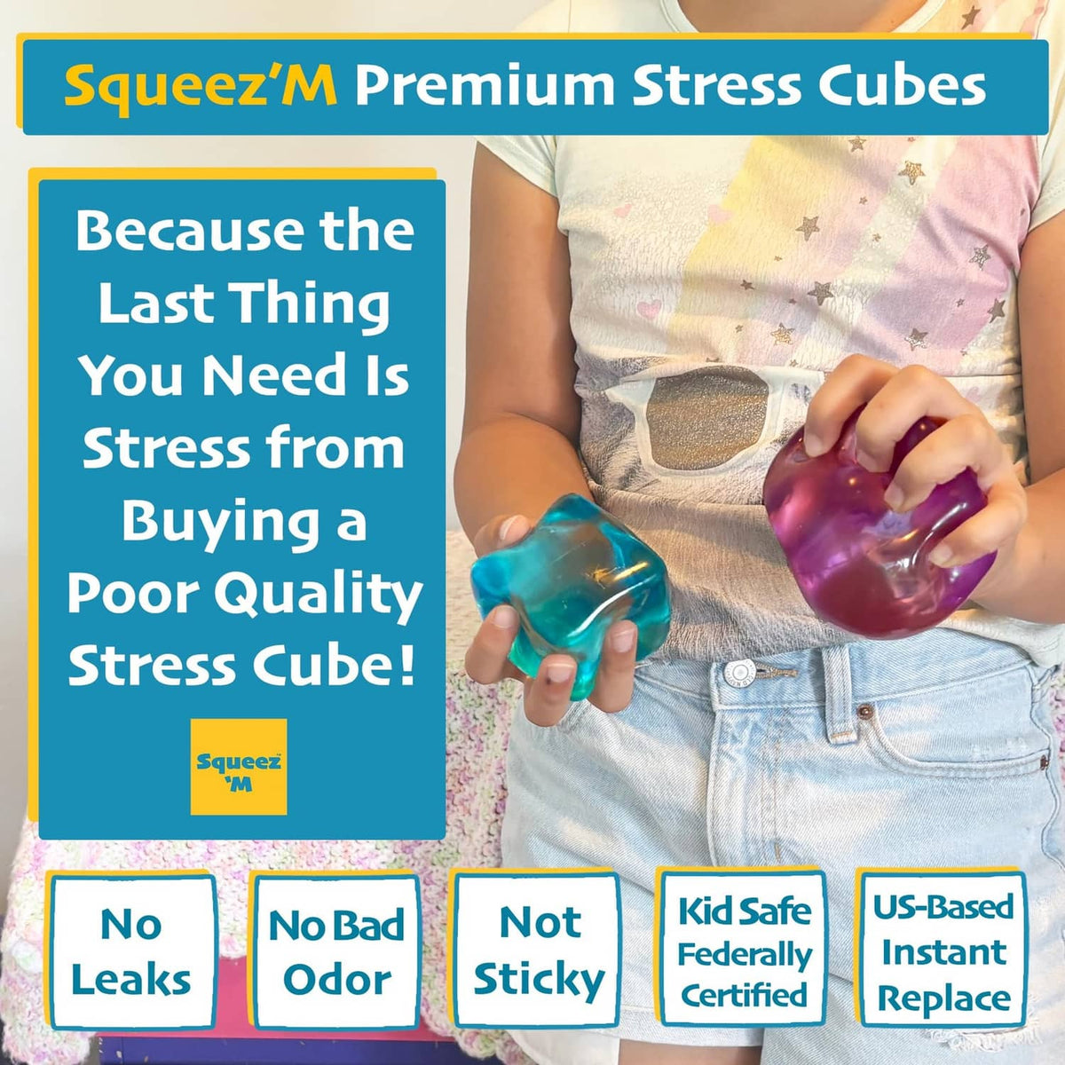Blue stress cube fidget held with another cube, glossy teal-blue.