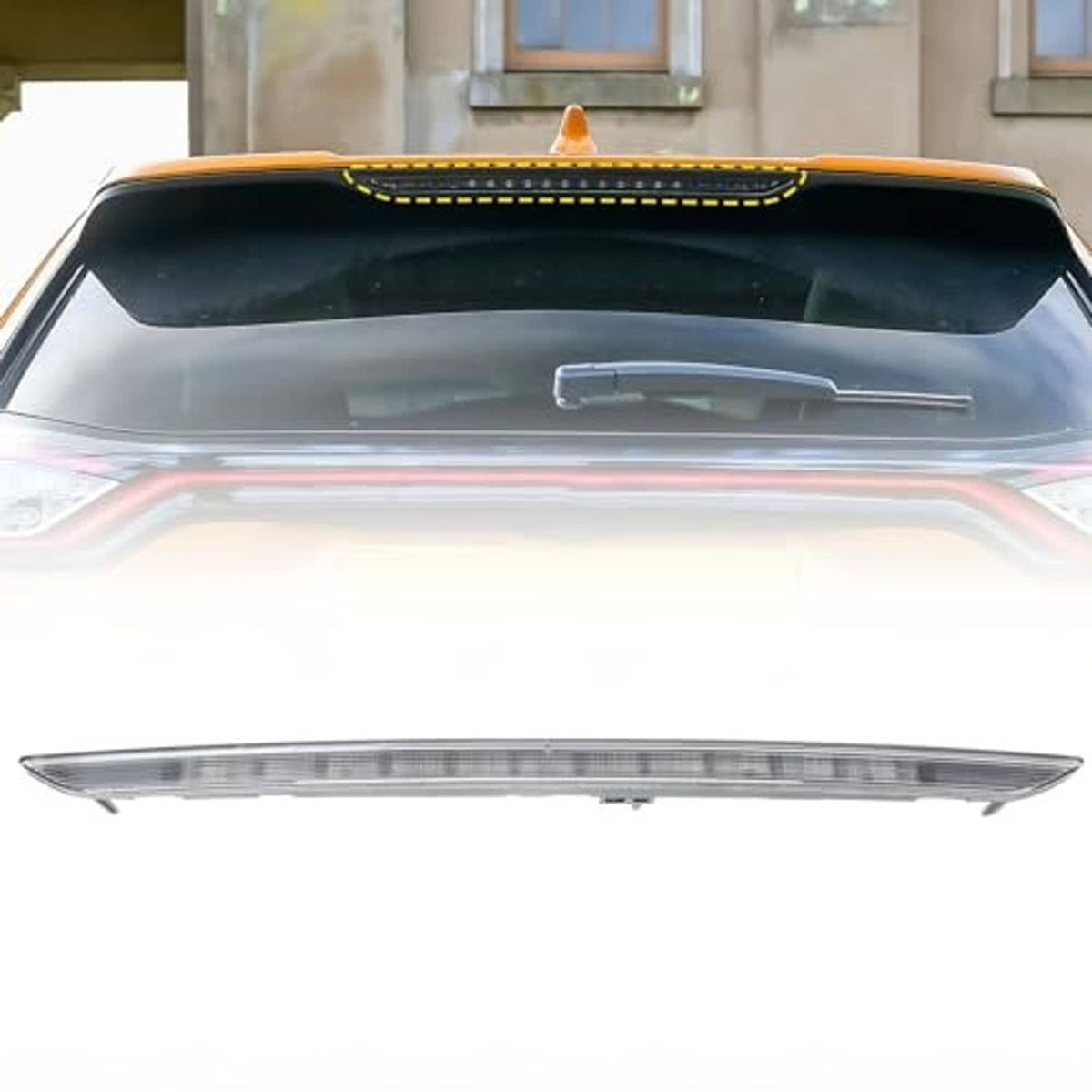 Rear high-mount LED brake light lens with amber center LED strip