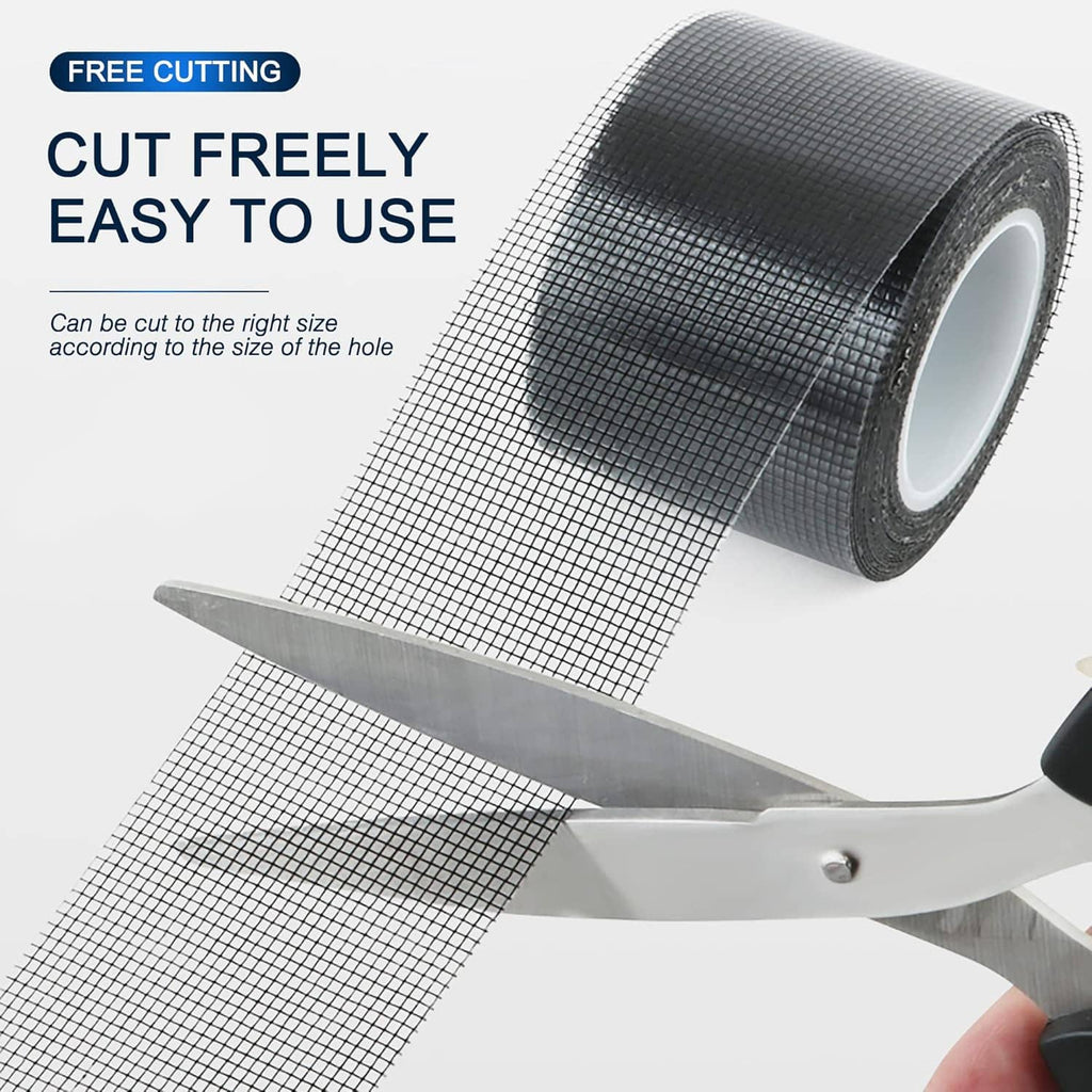 Window screen repair tape being cut with scissors, dark mesh strip on backing.