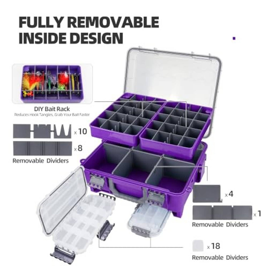 Purple floating tackle box with open lid and layered interior compartments with removable dividers