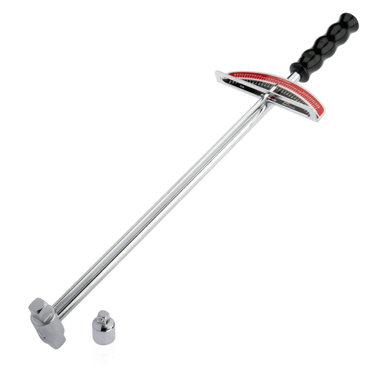 Dual drive beam torque wrench with red measurement scale and black handle grips