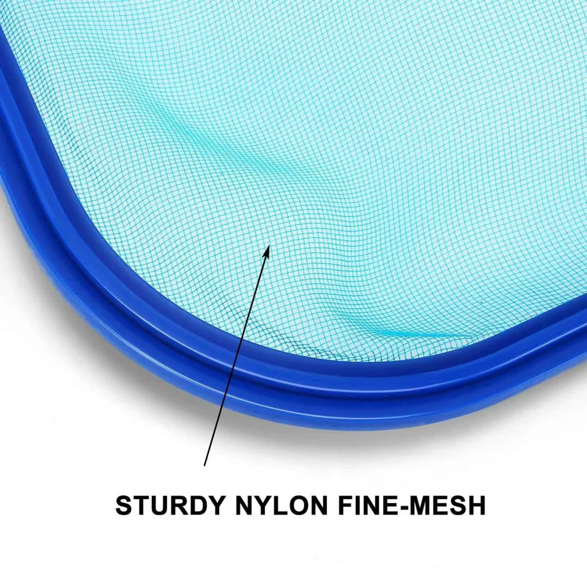 Fine nylon mesh pool skimmer net with blue square frame and curved rim