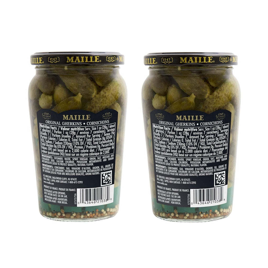 Two jars of Maille Original cornichons pickles, front and back labels shown