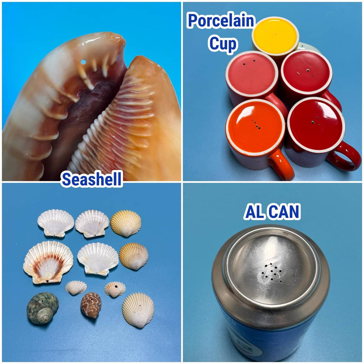 Shell-shaped craft pieces in assorted colors, showing drilled or prepared surfaces