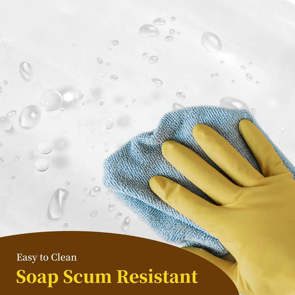 Blue glove scrubbing a frosted shower curtain with water droplets
