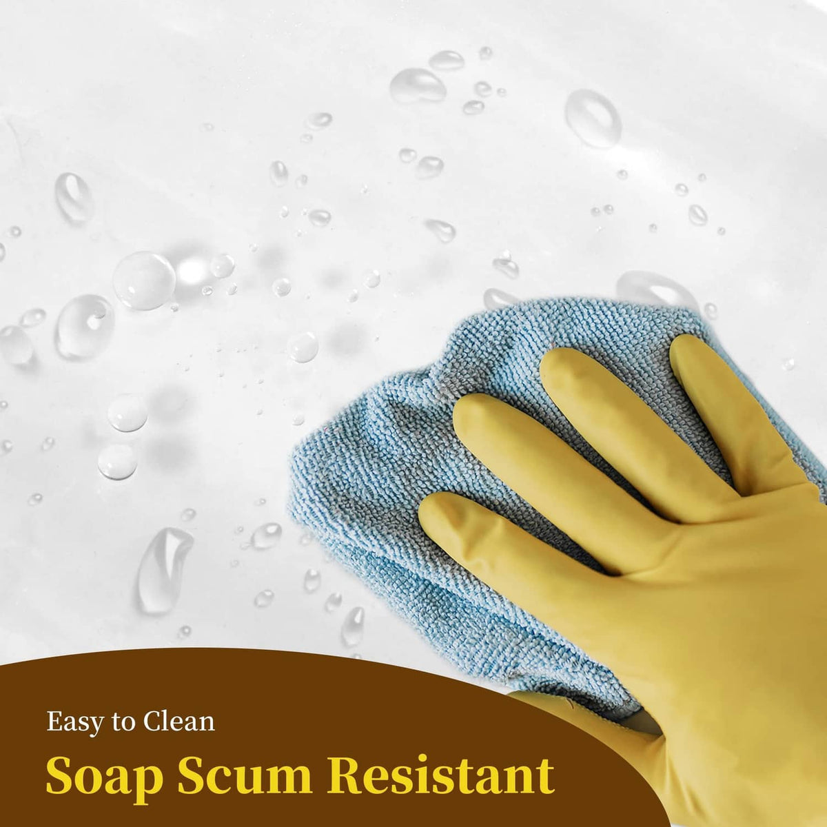 Blue glove scrubbing a frosted shower curtain with water droplets
