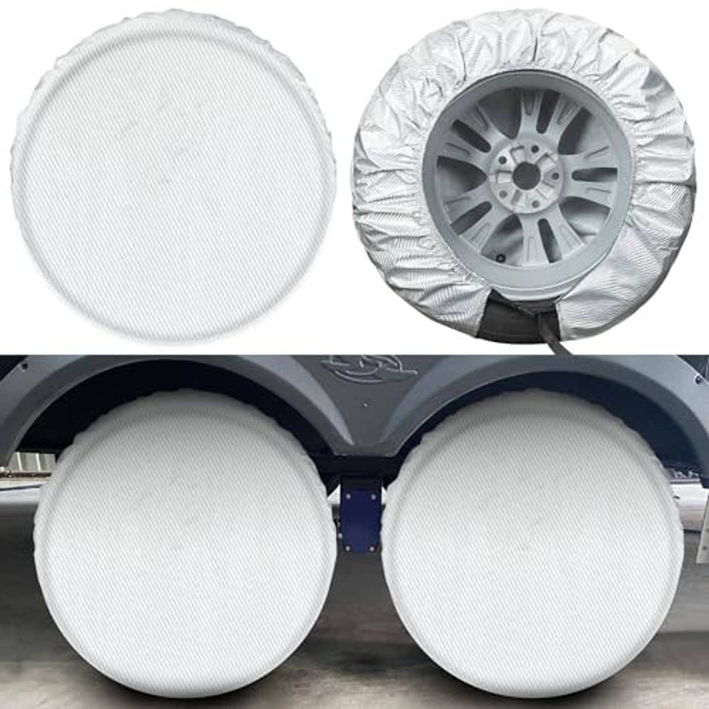 Silver tire wheel covers, 4-pack; two fitted on wheels, two on display