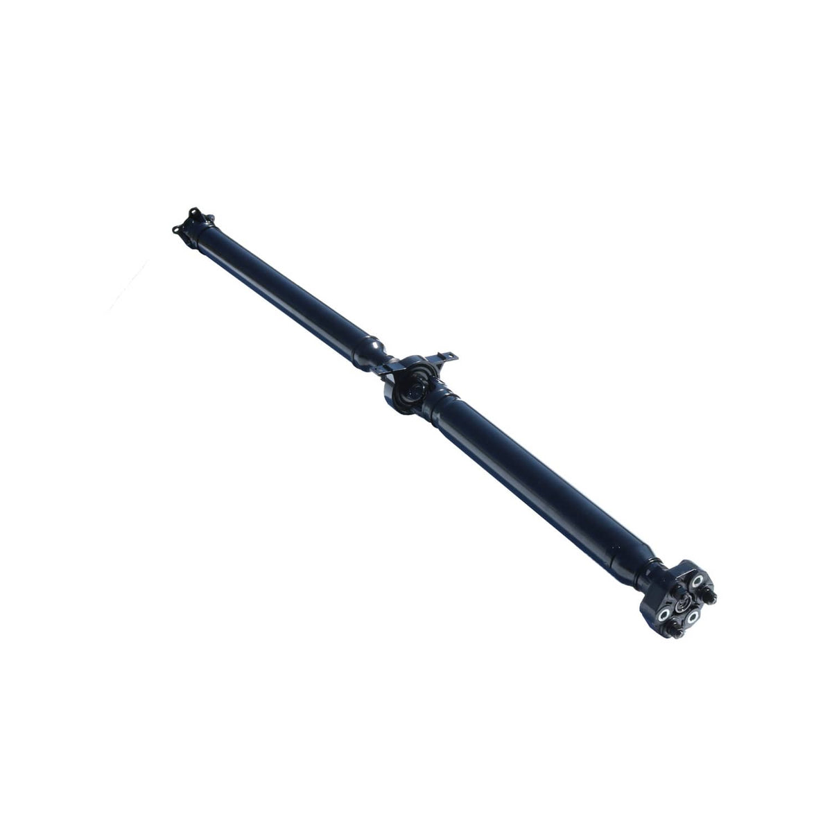 Rear prop shaft assembly, dark blue metal with U-joints and flange ends