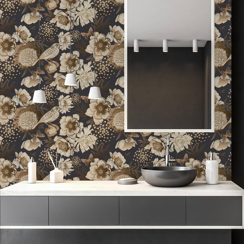 Black and gold floral wallpaper with bird motifs on kitchen wall