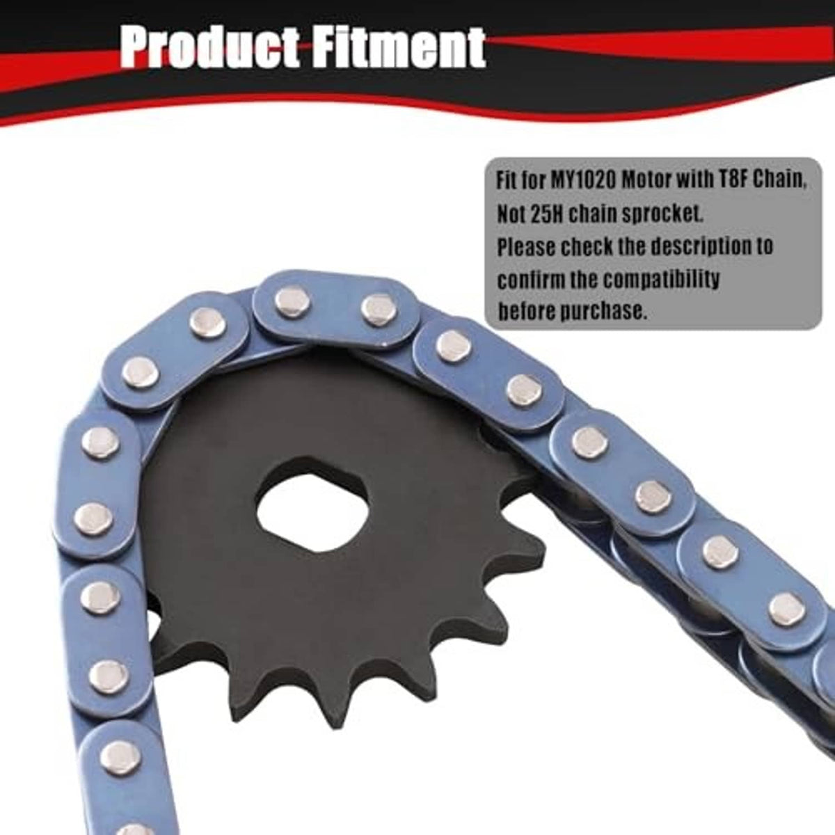 Black motor sprocket with dark chain and silver connector link plates