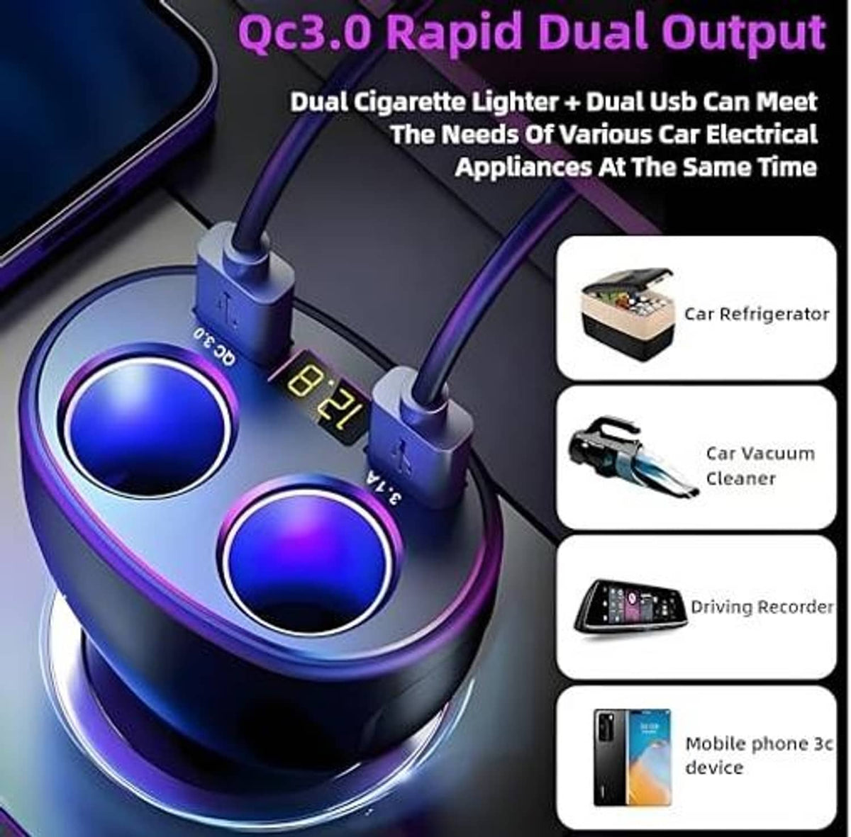 Dual USB QC3.0 car charger with blue LED lighting ring and two USB ports