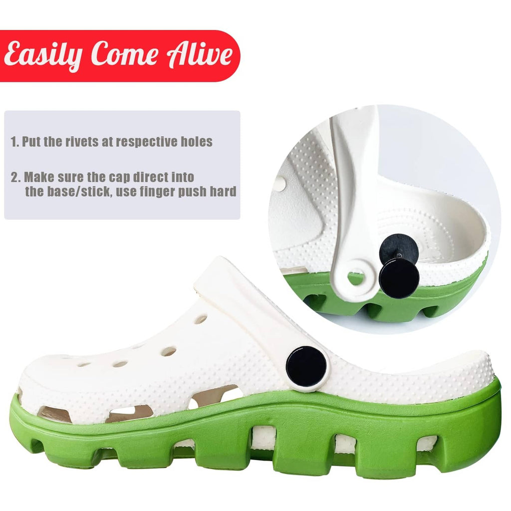Black replacement rivet strap button on white Croc-style clog with green sole edge