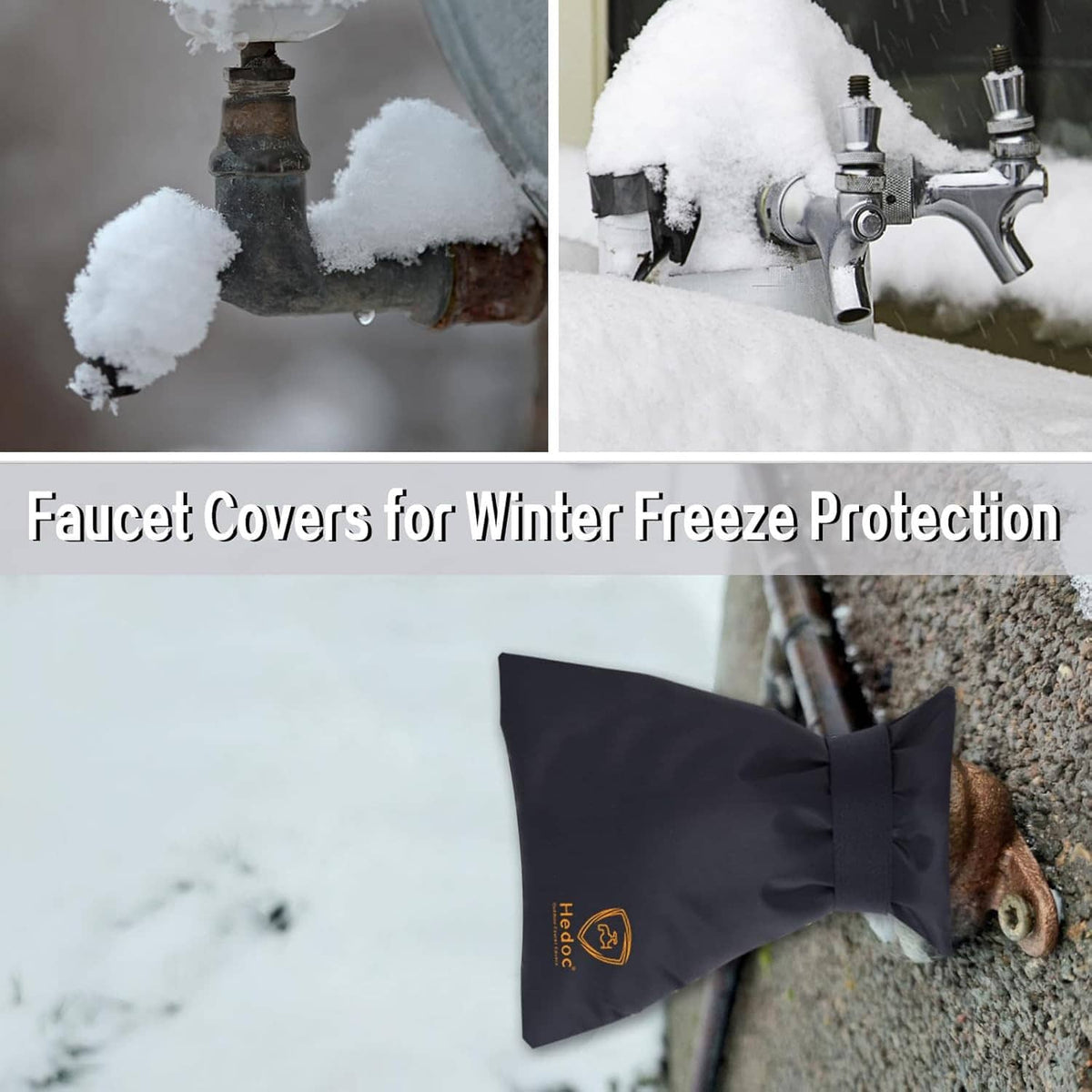 Black winter faucet cover snugly on outdoor valve with snow on top