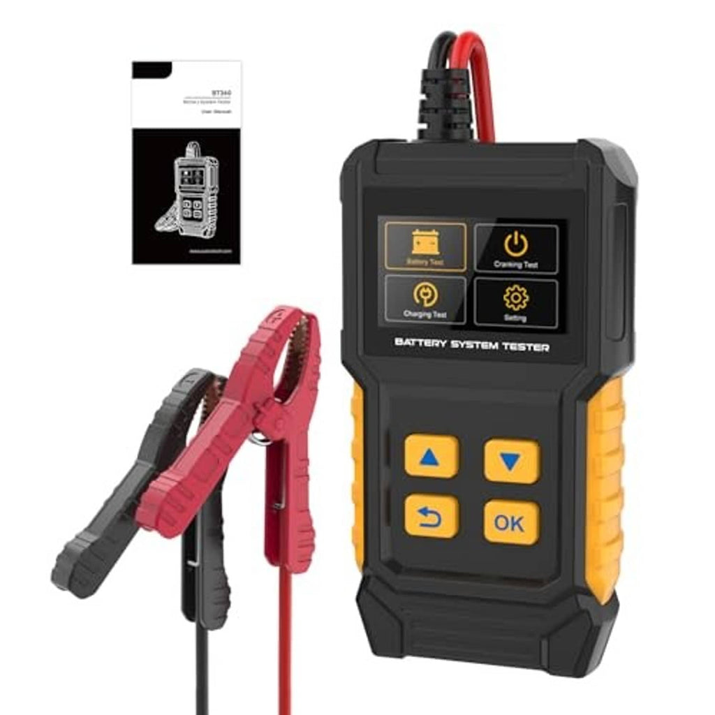 Car battery system tester with red/black clamp leads and illuminated screen