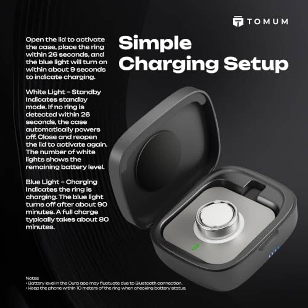 Dark gray charging case open with ring cradle, small indicator light on