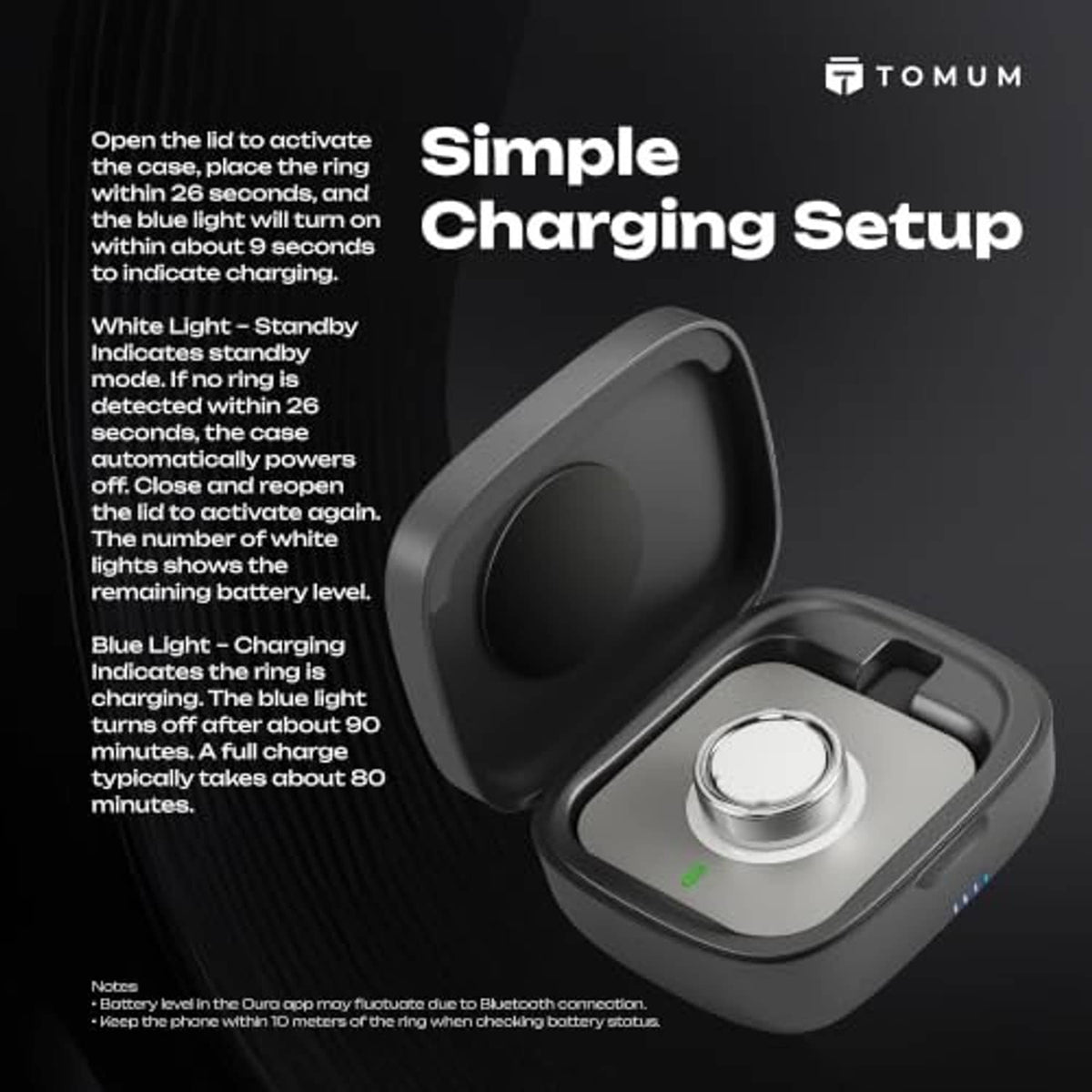Dark gray charging case open with ring cradle, small indicator light on