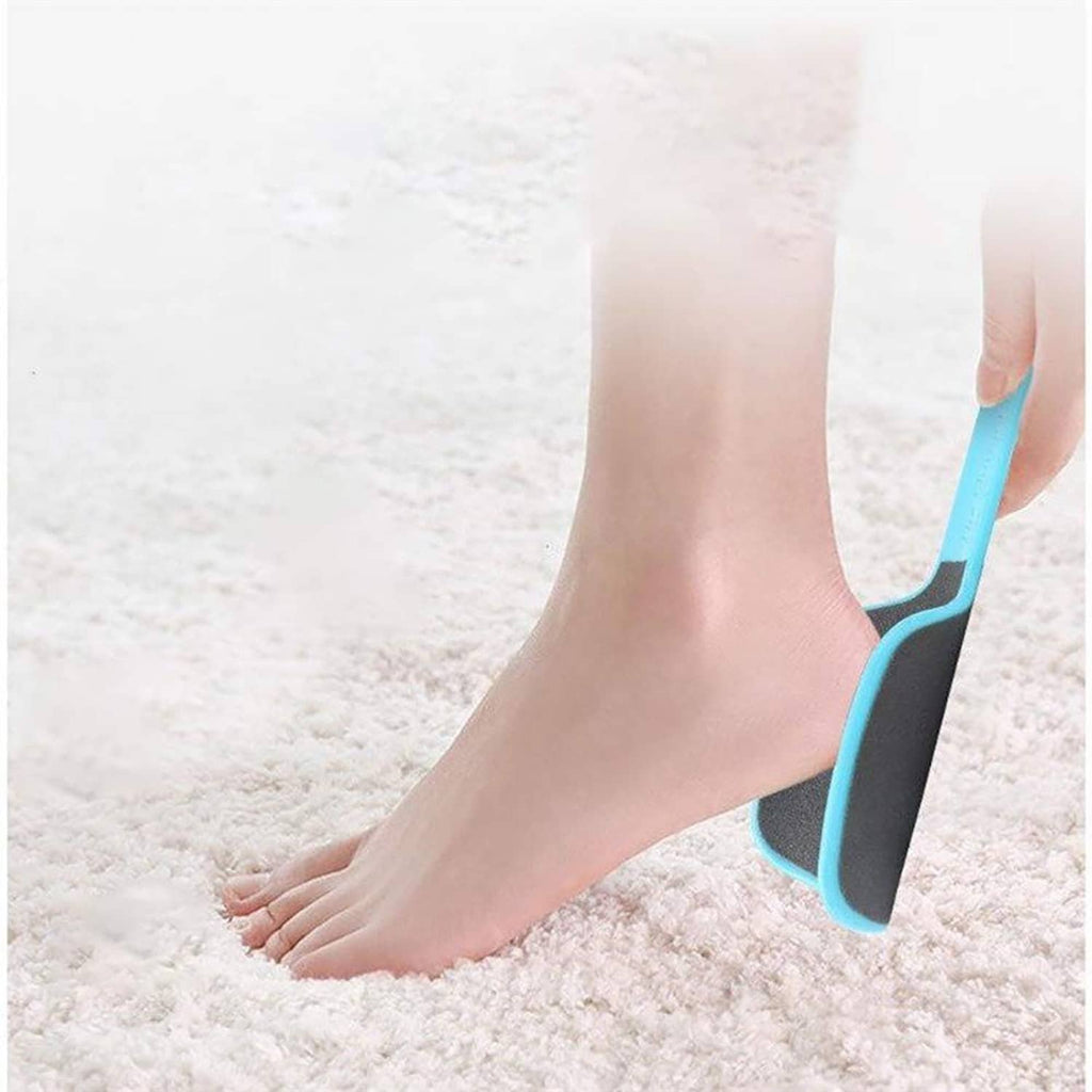 U-shaped foot file callus remover, blue tool scraping the heel
