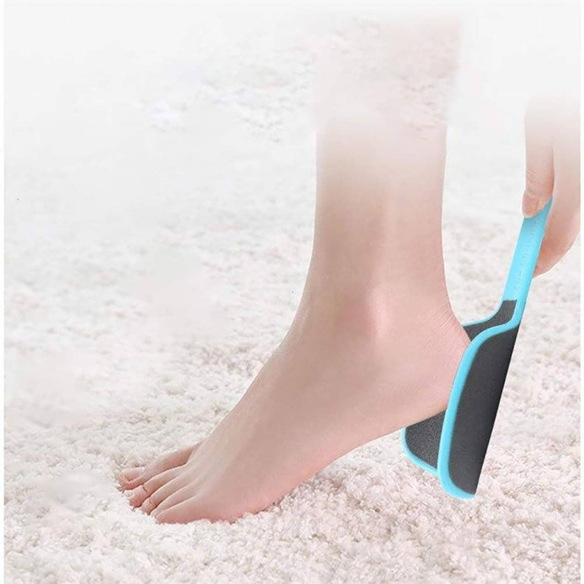 U-shaped foot file callus remover, blue tool scraping the heel
