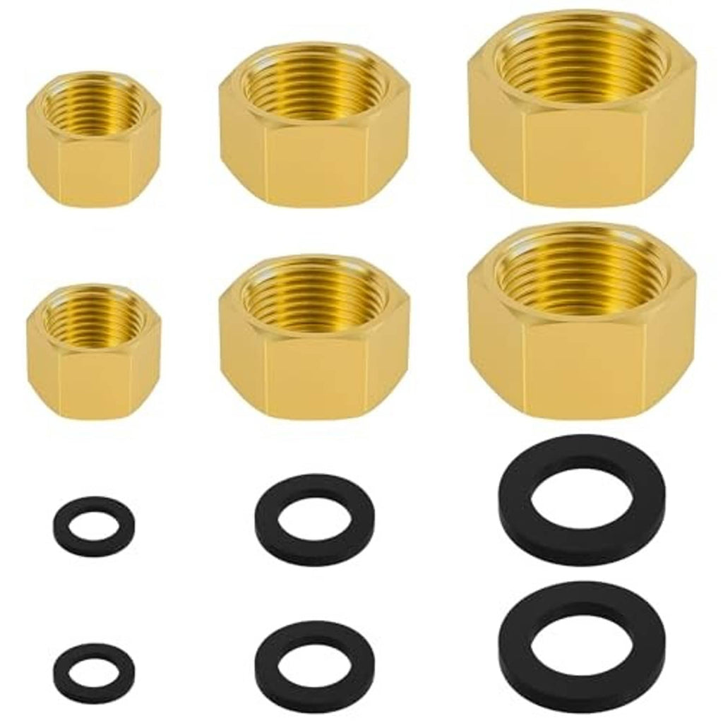 Brass hex pipe caps and black rubber gasket rings shown together