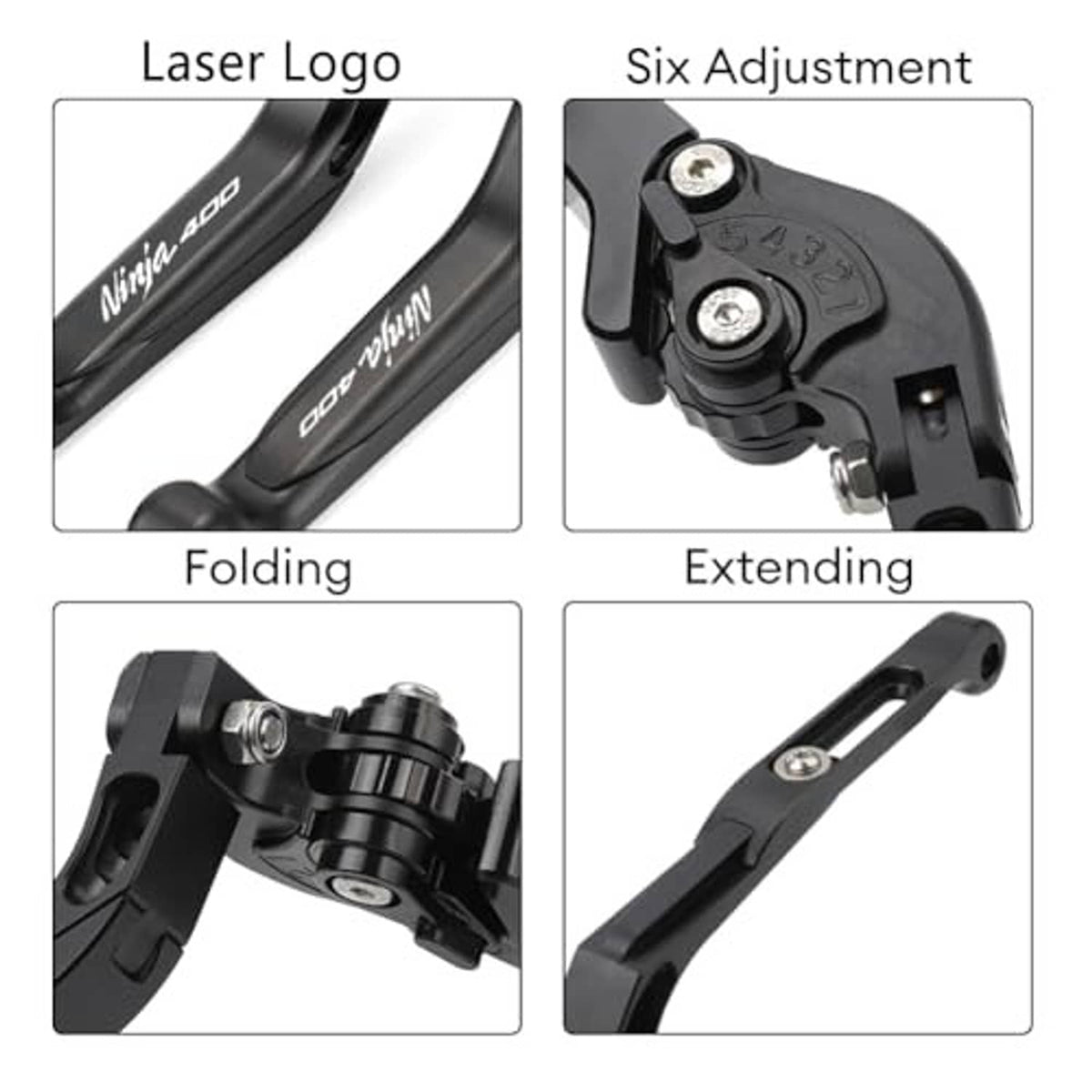 Adjustable folding and extending lever parts, black metal with engraved markings