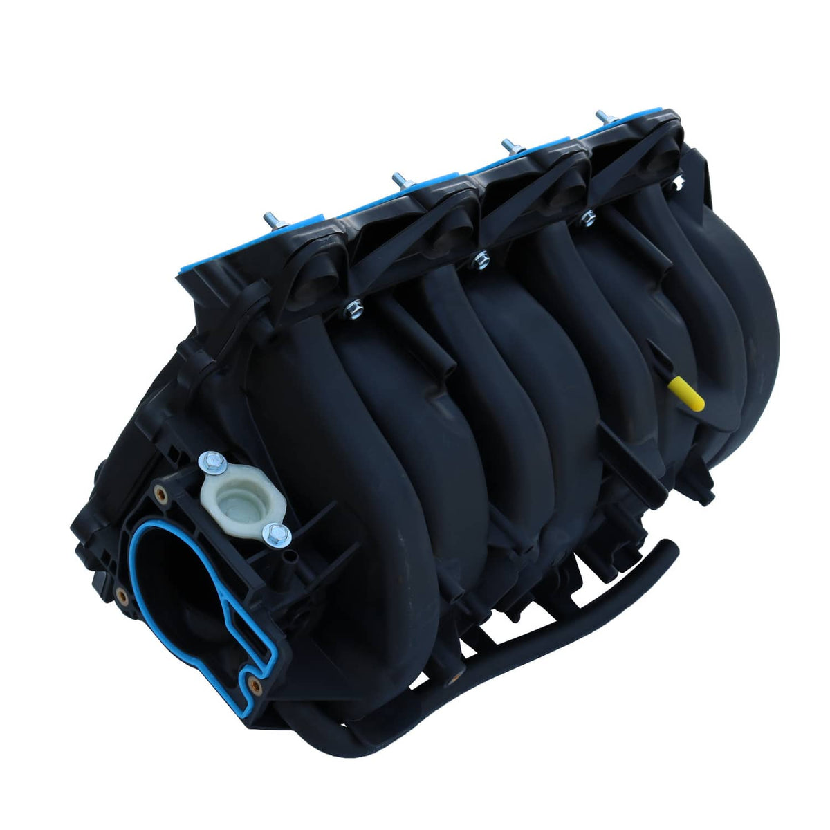 Intake manifold housing with curved intake runners and black plastic